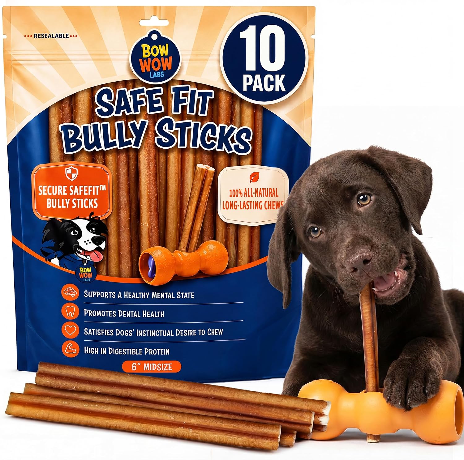Bow Wow Labs SafeFit Bully Sticks front view packaging showcasing the ten pack of natural dog treats.