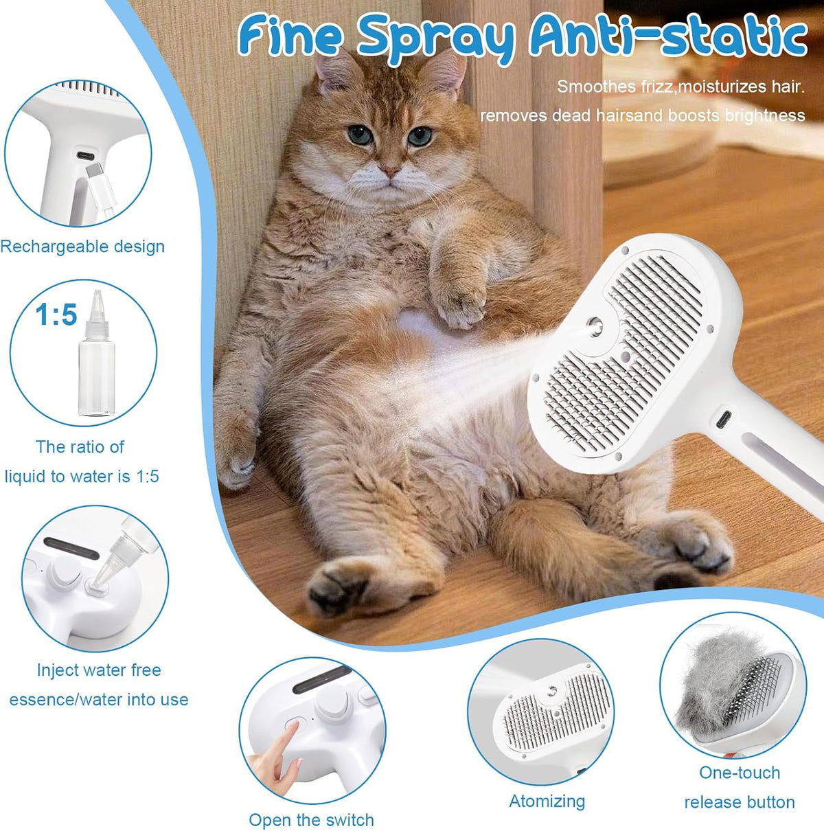 Siciry pet shower brush one click hair release button demonstration