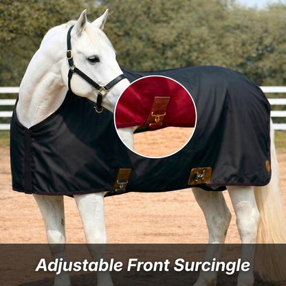 Back view showing the secure tail coverage and rear straps of the stable sheet.