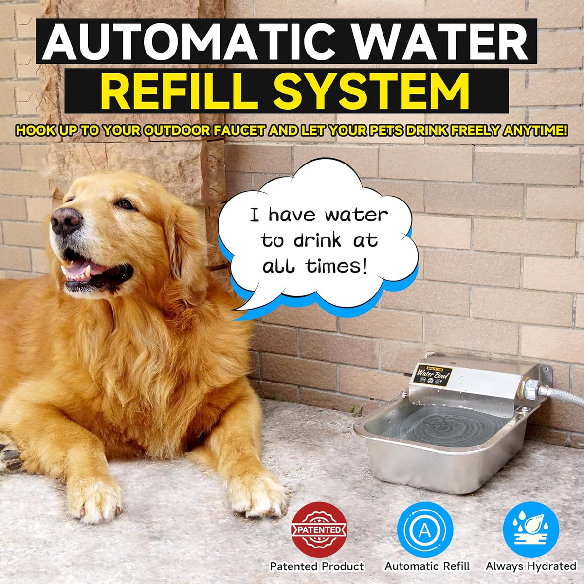 Self-filling pet waterer attached to a garden hose in a backyard