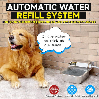 Self-filling pet waterer attached to a garden hose in a backyard