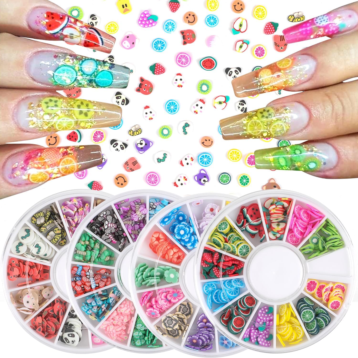 DECORA fruit nail art slice set front view featuring fourteen individual circular plastic cases filled with colorful polymer clay designs