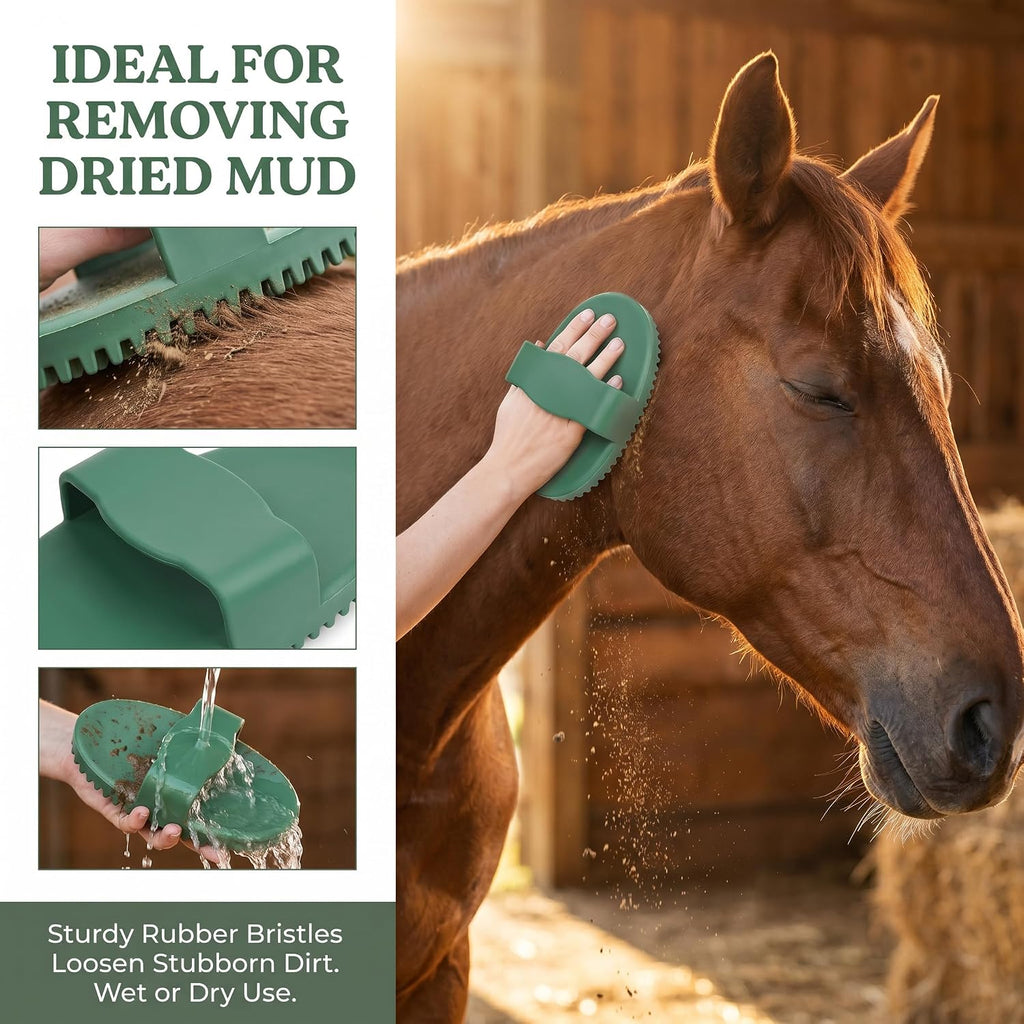 Green rubber curry comb removing loose hair and mud from a pet coat.