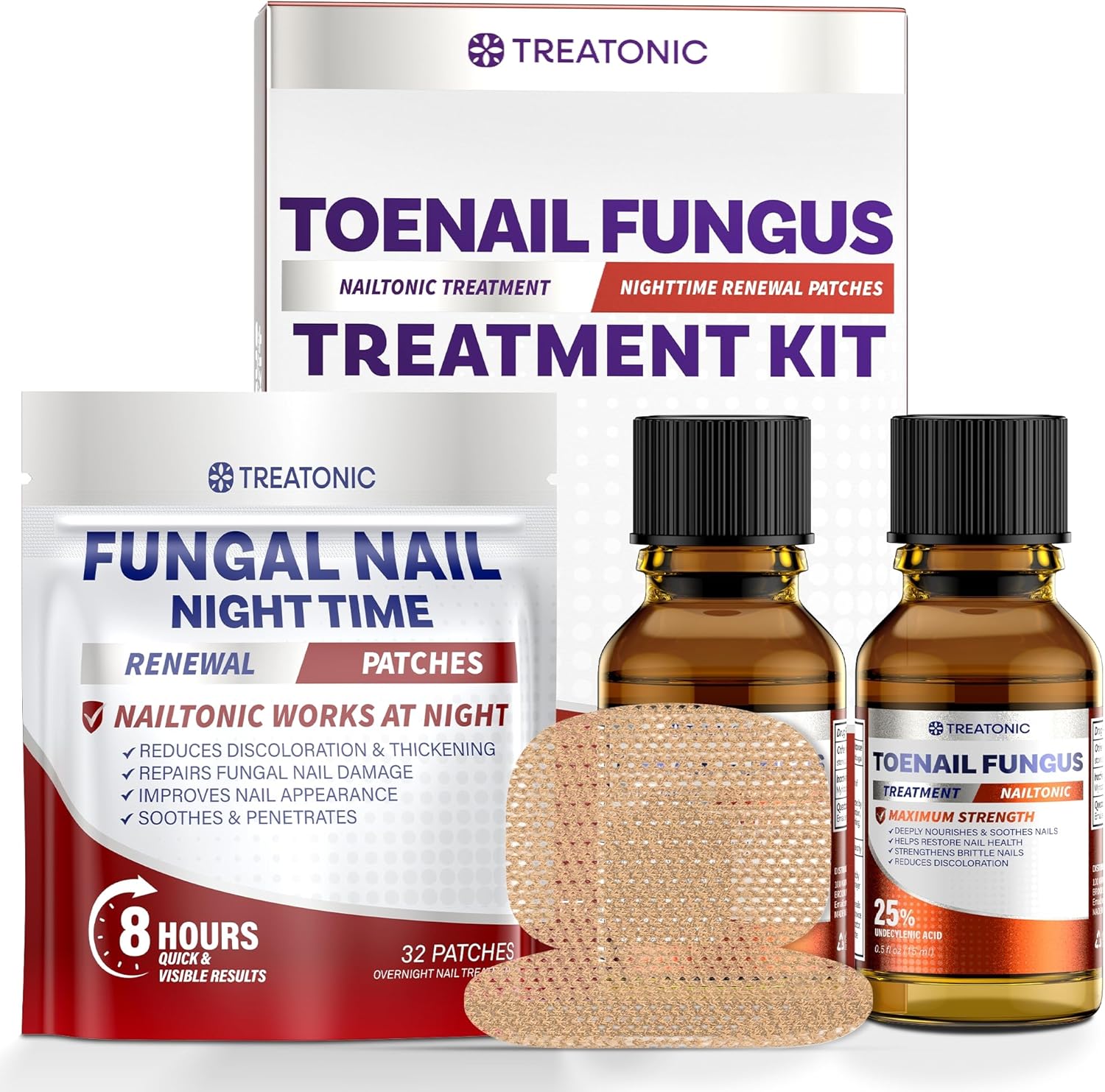 Treatonic Toenail Fungus Treatment Kit front view showing liquid bottle and patch box.