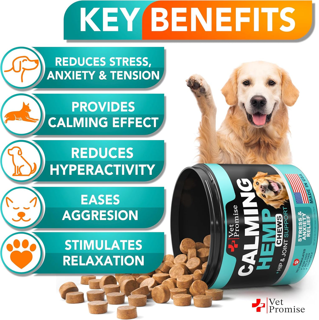 Goodgrowlies calming chews for dogs showing hip and joint support benefits on the side panel.