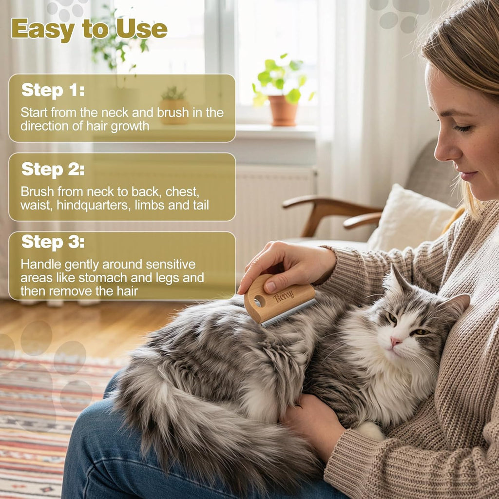 Authentic Tivray pet shedding comb demonstrating easy fur removal maintenance.