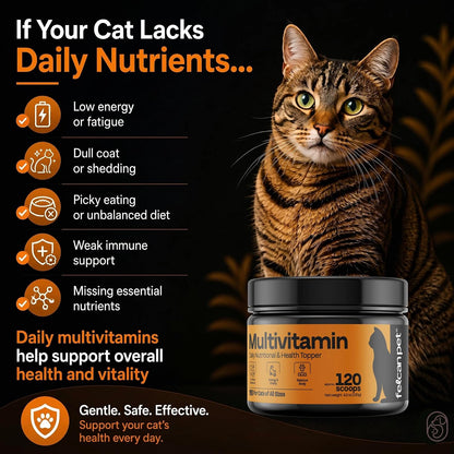 Felcan Pet cat multivitamin powder container showing 17 active nutrients label