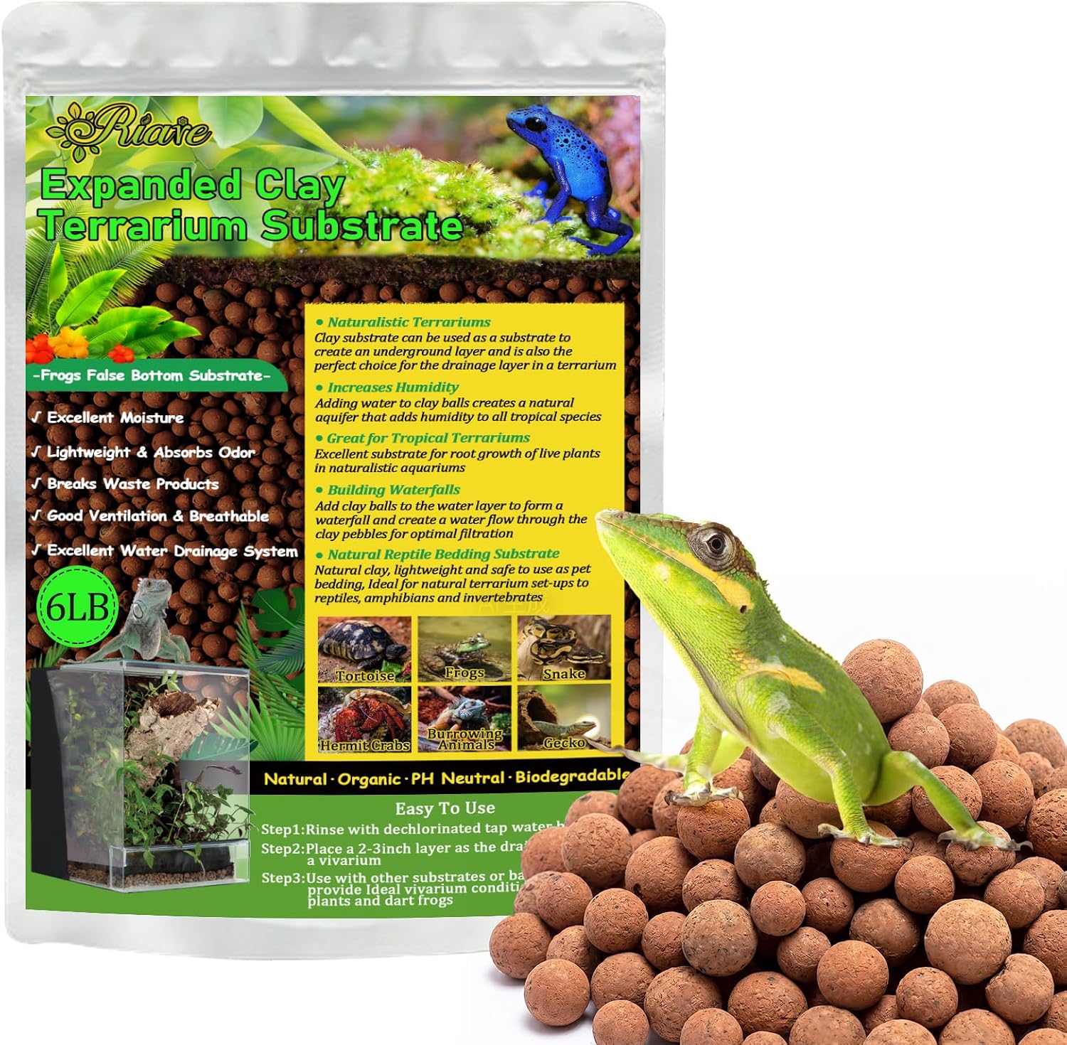 Riare 10LBS Expanded Clay Balls Terrarium Substrate for Reptiles - 100% Organic Lightweight Clay Pebbles Substrate Frogs False Bottom Substrate, Bioactive Terrarium Substrate for Drainage and Moisture - Image 10