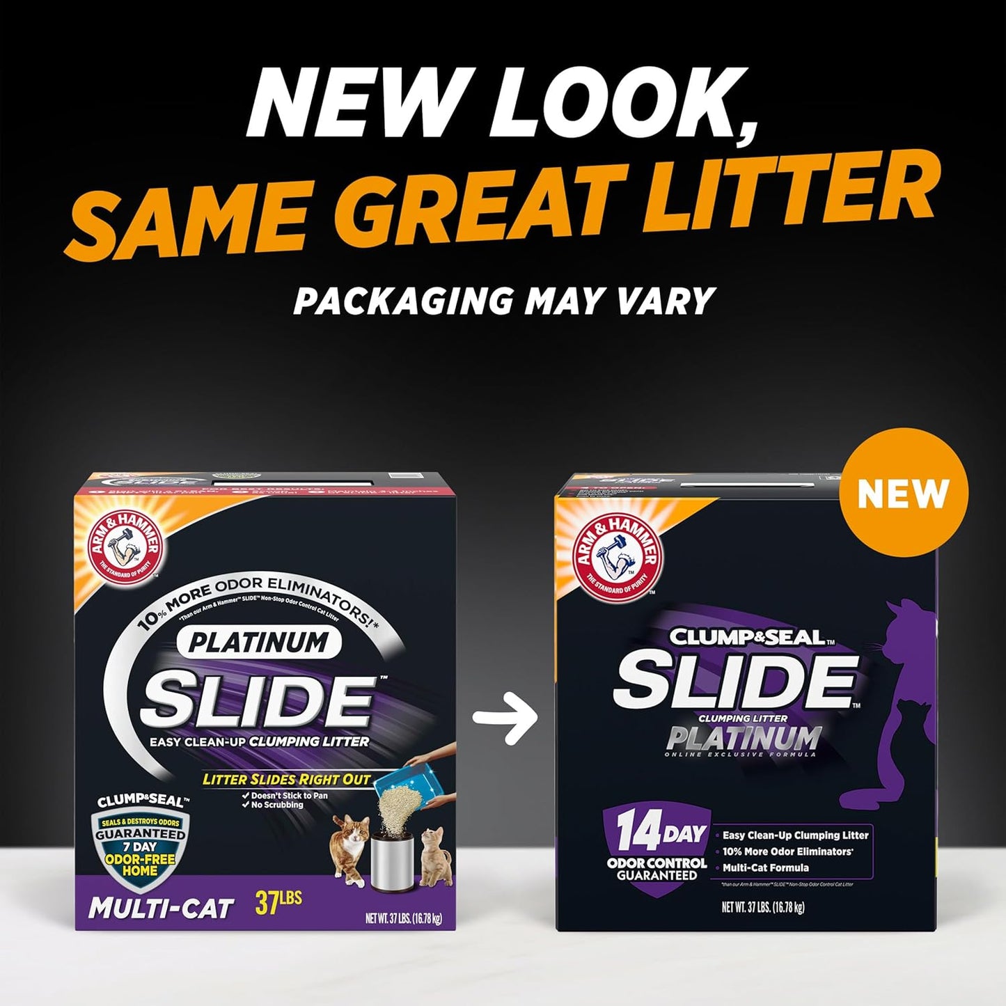 Side view of Arm and Hammer Slide Platinum cat litter box showing Easy Clean technology