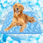 Rywell dog cooling mat front view showing the blue thermochromic fabric and paw print pattern on the floor