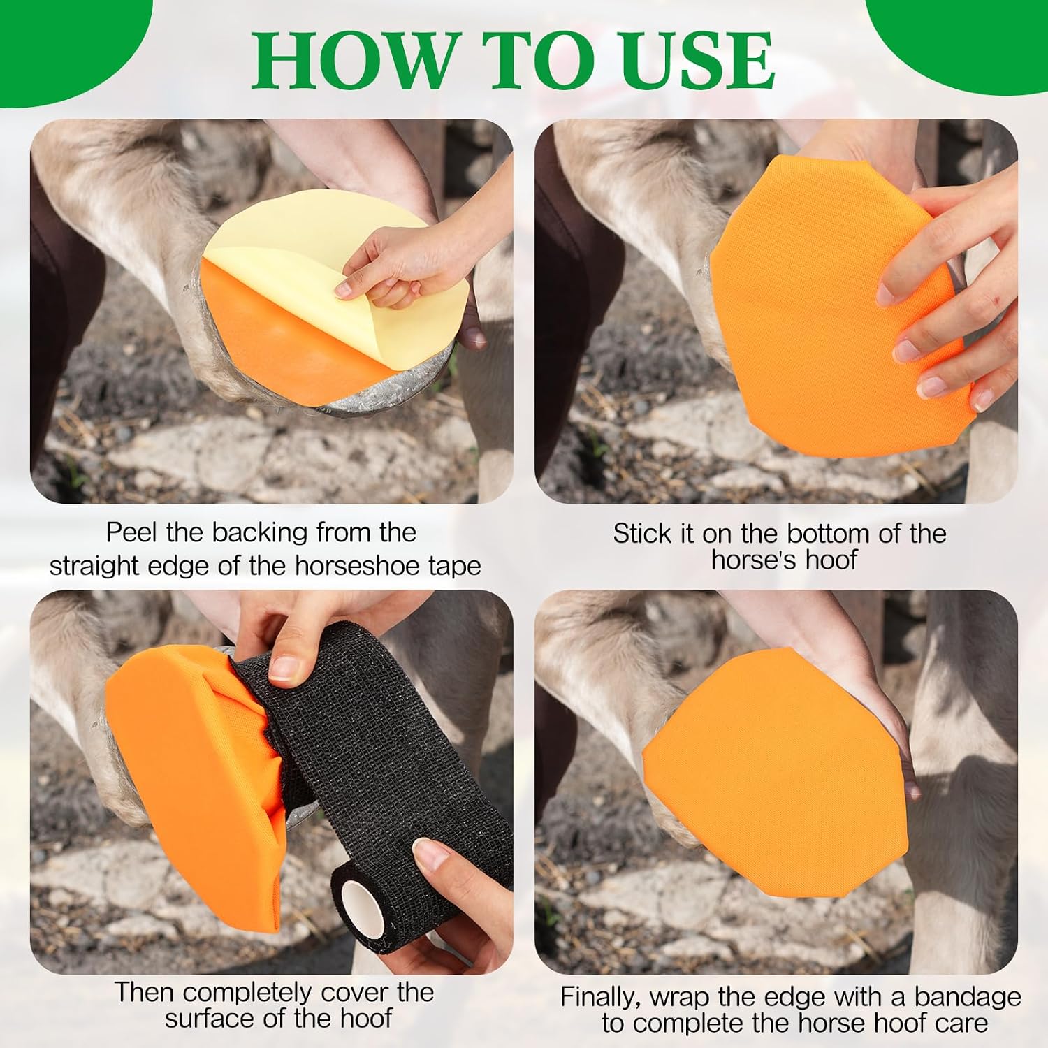 Equine first aid supplies including thirty orange hoof tape pads for horse sole protection
