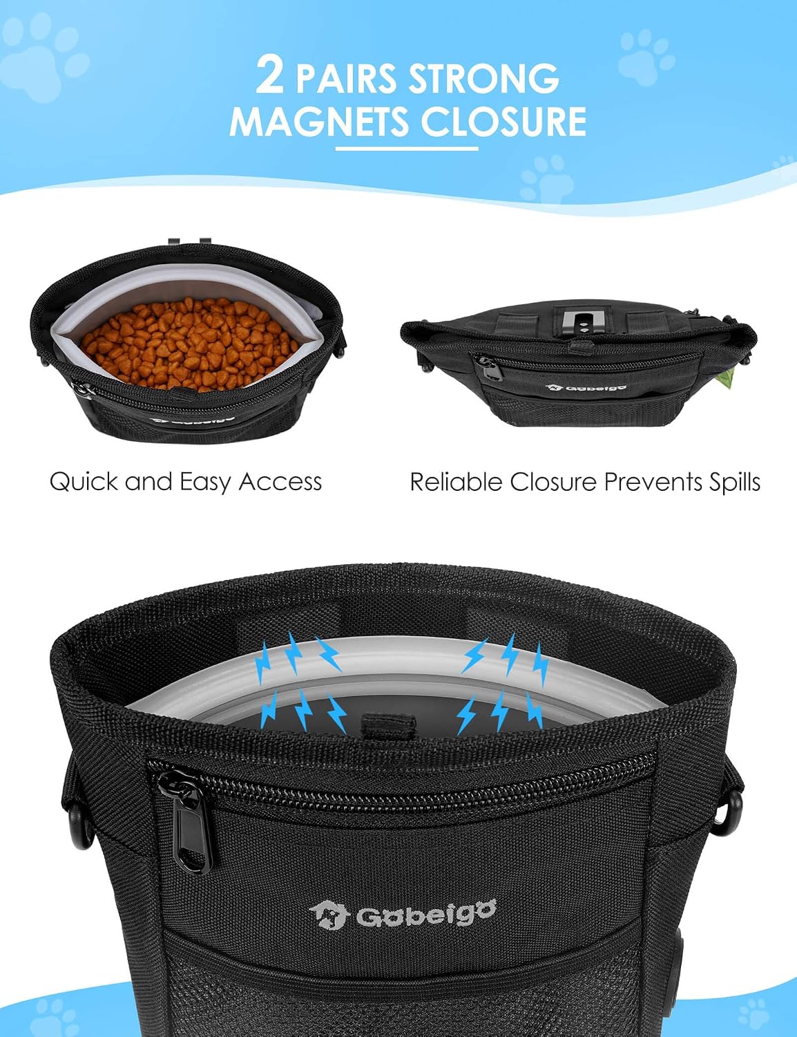 Black Gobeigo pet walking bag displaying the built-in poop bag dispenser on the side