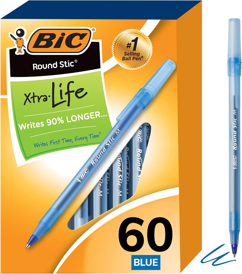 BIC Round Stic Xtra Life Ballpoint Pen with 1.0 mm Medium Point and Consistent Ink Flow, 60-Count in Blue Ink - Image 6