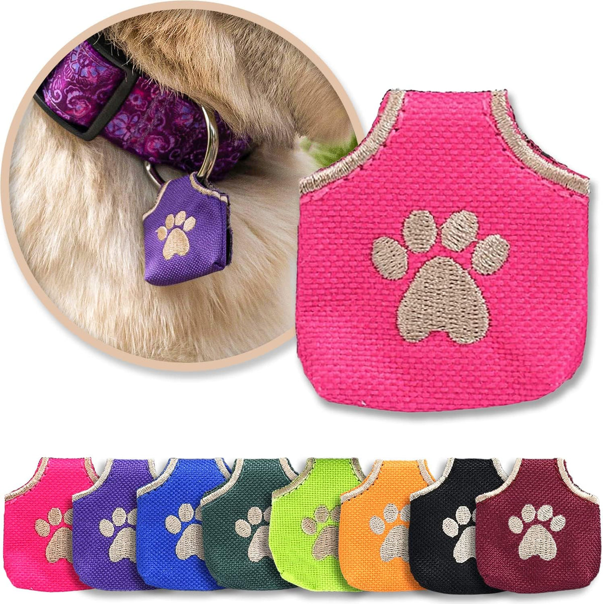 Woofhoof Peace Tag dog tag silencer front view showing pink paw print embroidery
