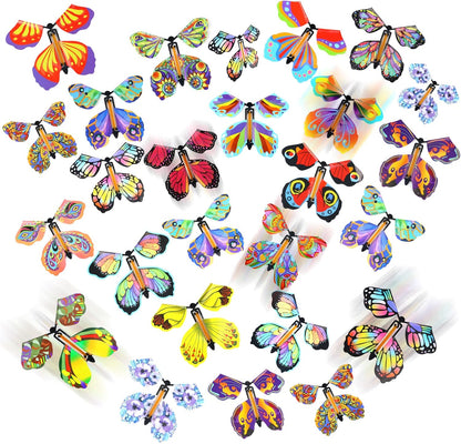 LOMIMOS Magic Flying Butterfly Wind Up Toy 20 Pieces front view showing assorted colorful wing patterns