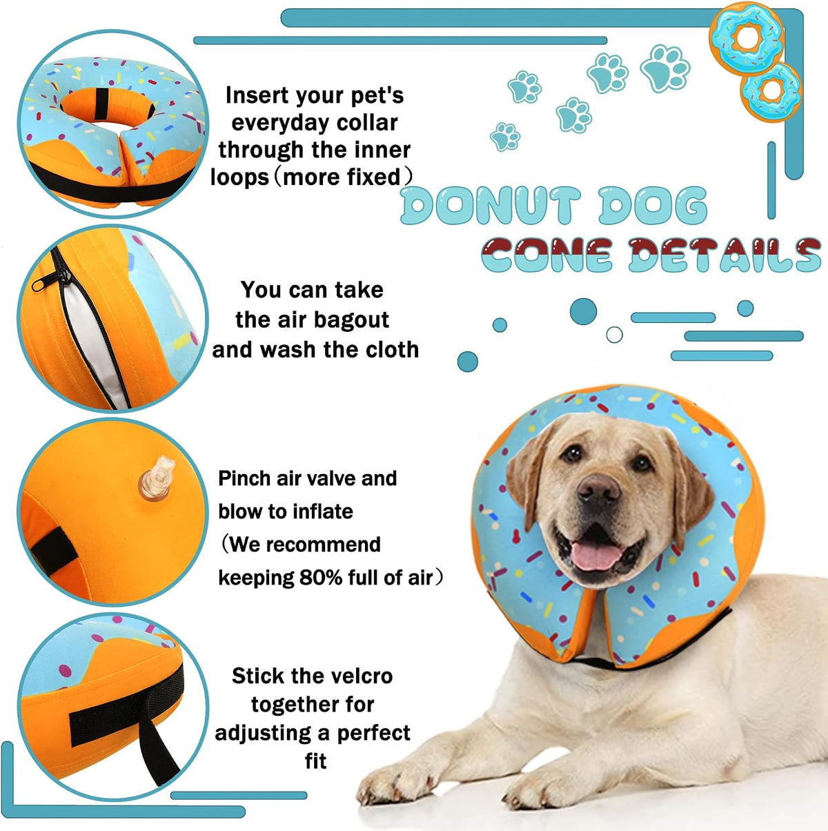 Adjustable strap and secure buckle mechanism on the inflatable dog cone alternative.