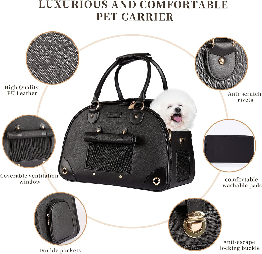 Side view of black pet carrier showing breathable mesh