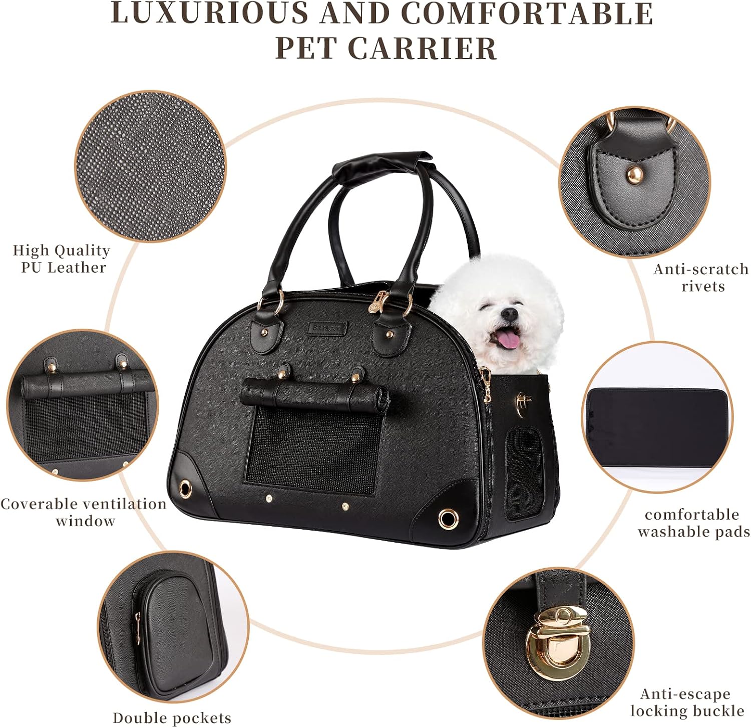 Side view of black pet carrier showing breathable mesh