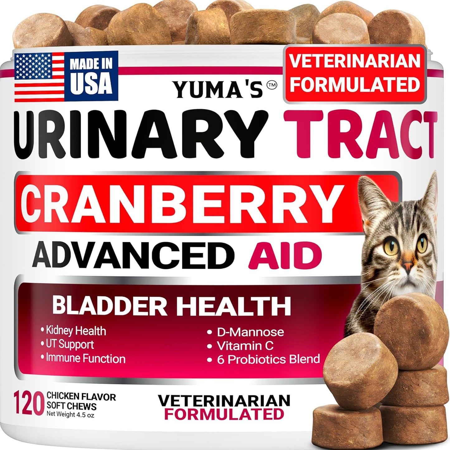 Yuma's 4 in 1 comprehensive cat multivitamin chews packaging back label view.