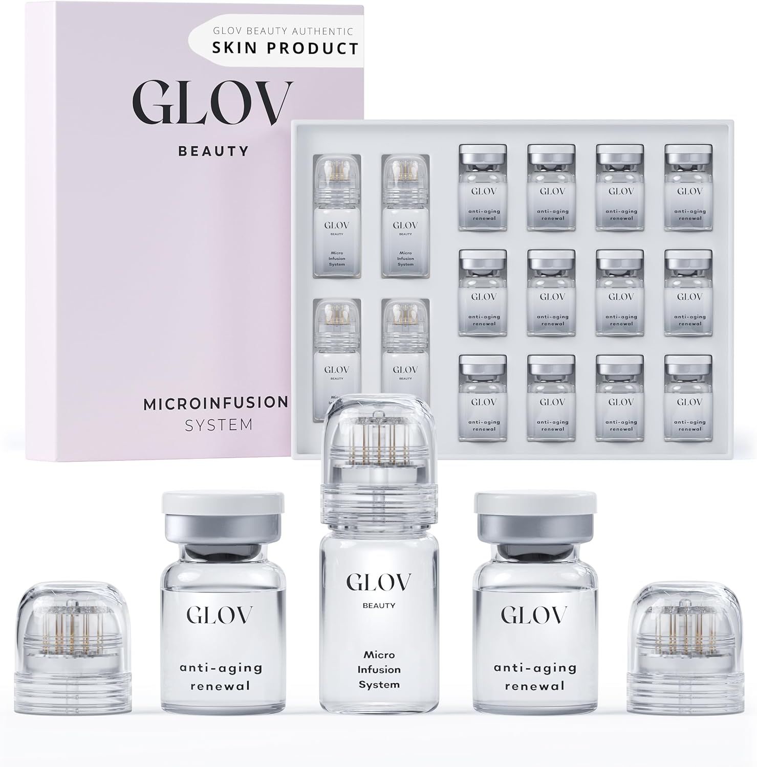 Glov Beauty Micro Infusion System packaging showing 24k gold cosmetic facial stamp and serum ampoules