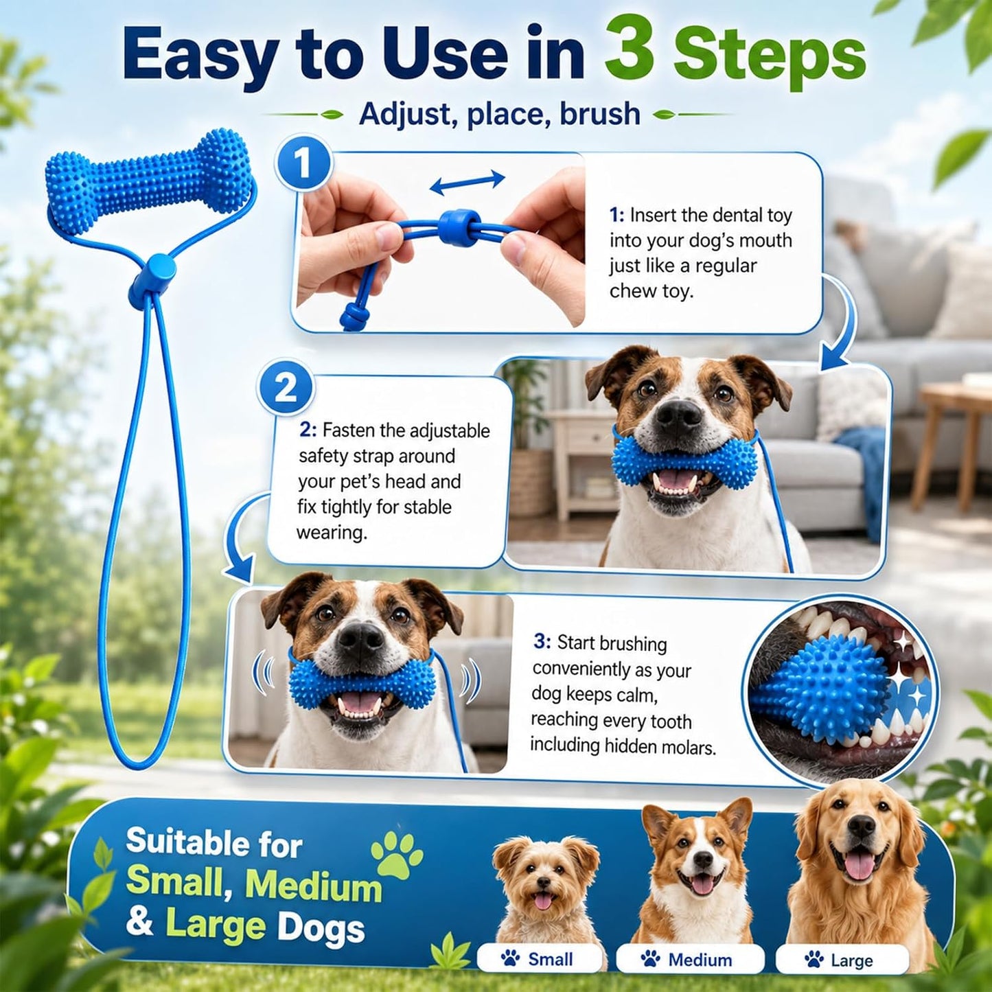 Packaging contents showing both blue canine dental props ready for home pet dental hygiene.