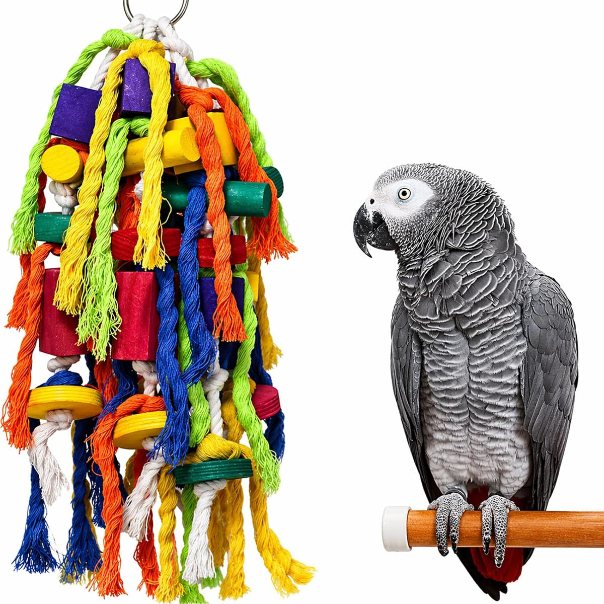 Rypet large parrot chewing toy front view hanging in cage