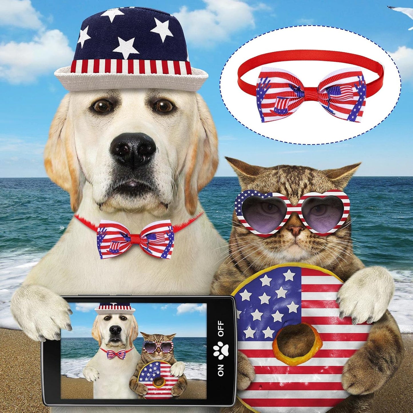 Fifty pieces pack of festive Independence Day pet accessories laid out flat.