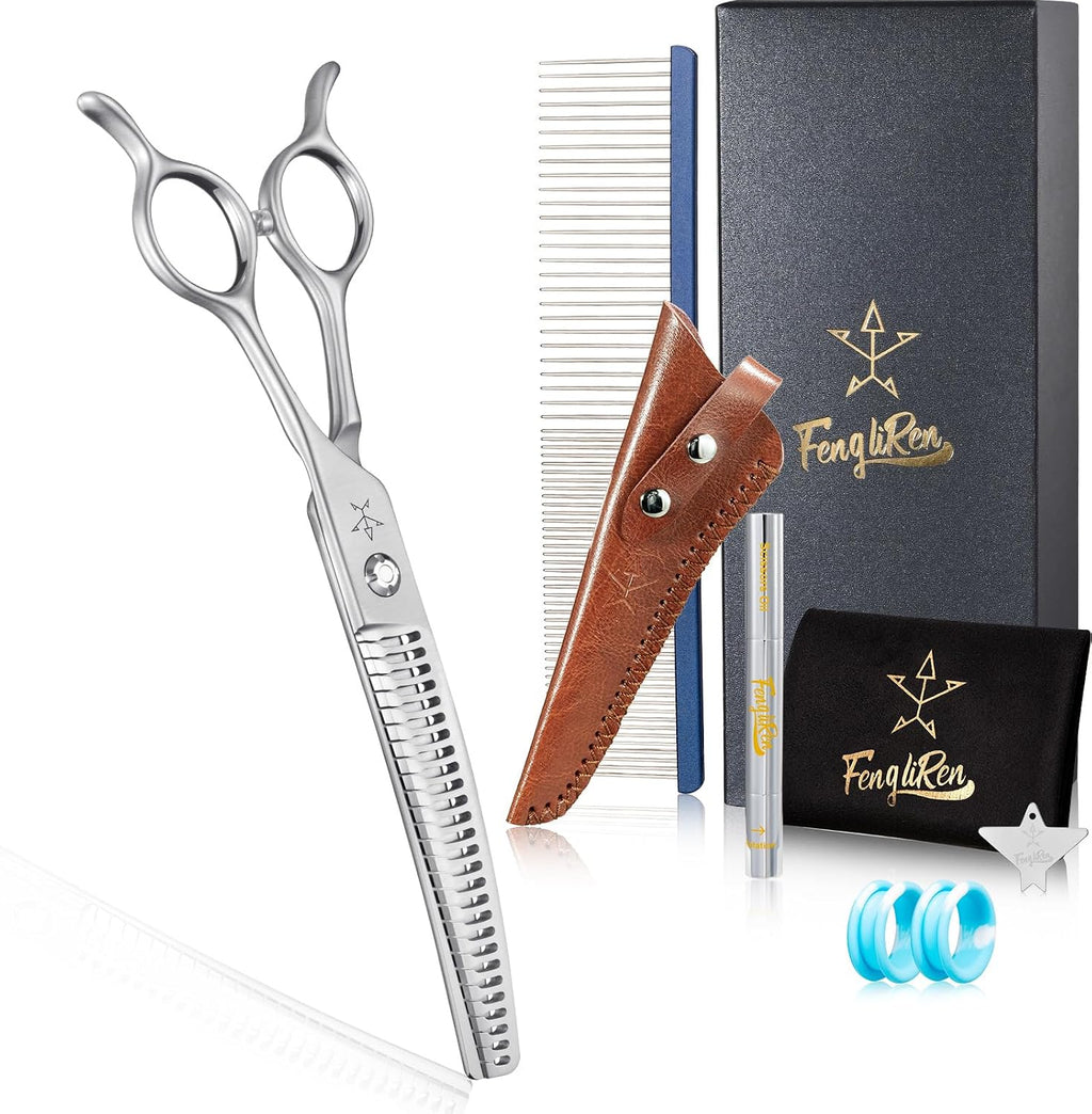 Fengliren professional dog grooming curved thinning scissors front view with premium stainless steel teeth.
