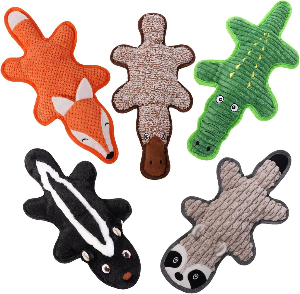 Eneston no stuffing squeaky dog toys five pack front view of animal shapes