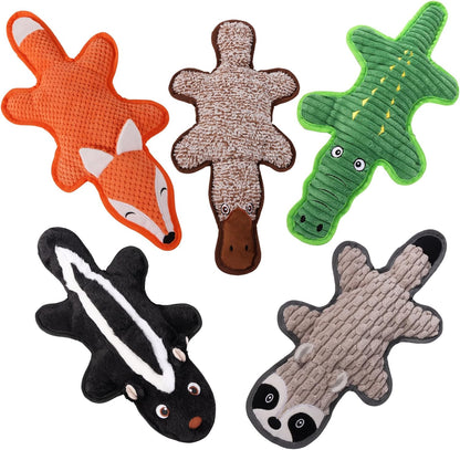 Eneston no stuffing squeaky dog toys five pack front view of animal shapes