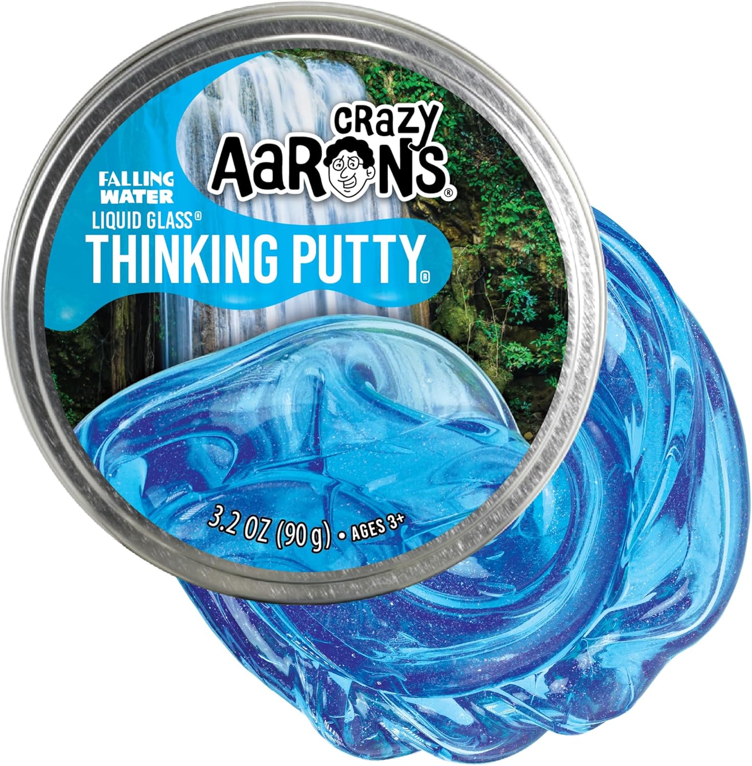 Crazy Aaron's Puttyworld Falling Water Liquid Glass Thinking Putty tin front view authentic imported stress relief toy.