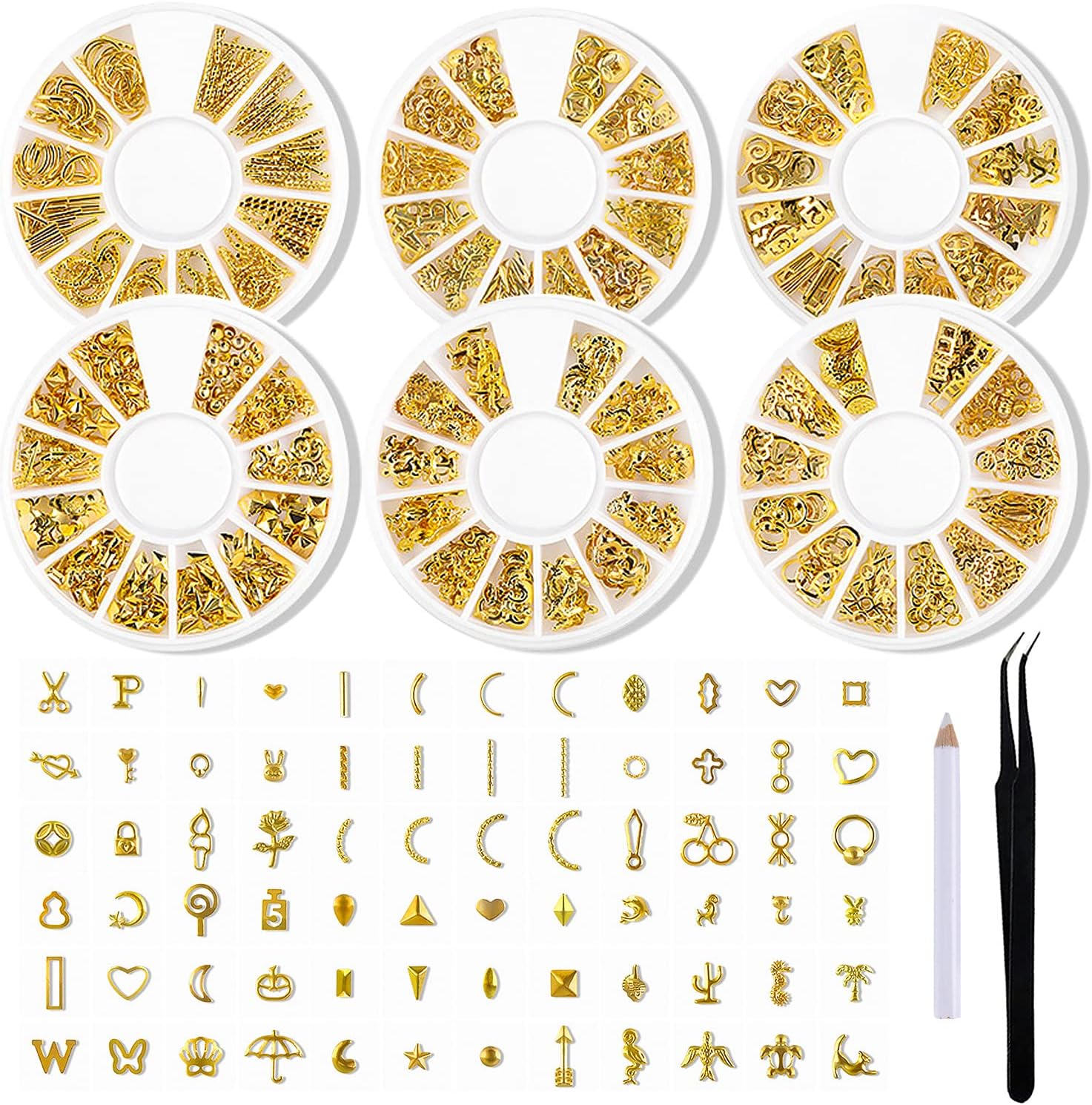 JERCLITY 6 Boxes Gold Metal Nail Studs front view showcasing diverse 3D charm shapes