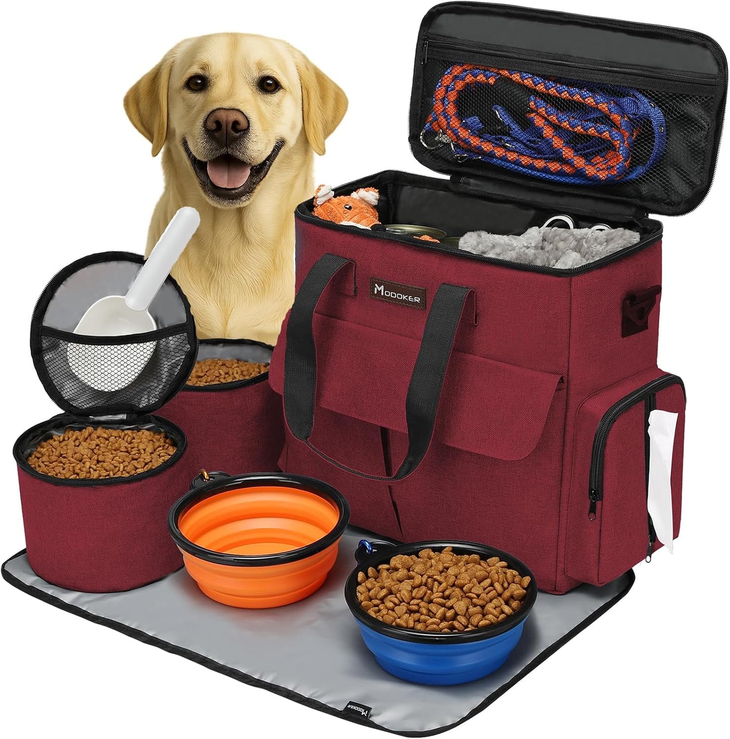 Modoker pet kit with two collapsible silicone dog bowls extended