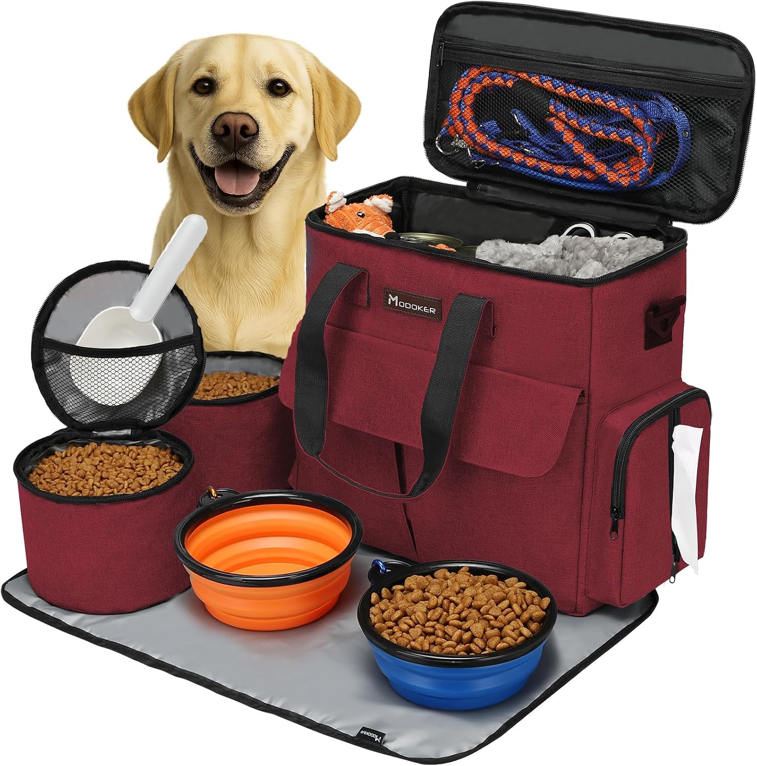 Modoker pet kit with two collapsible silicone dog bowls extended