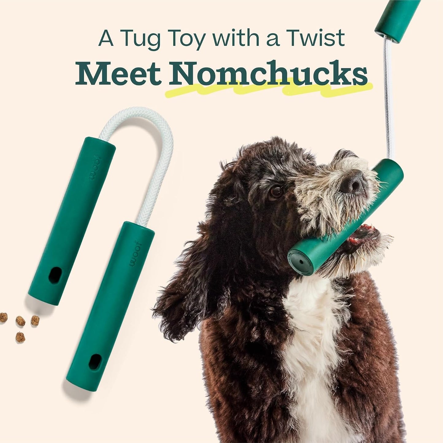 Close up of the durable natural rubber cylinders on the WOOF Nomchucks enrichment toy