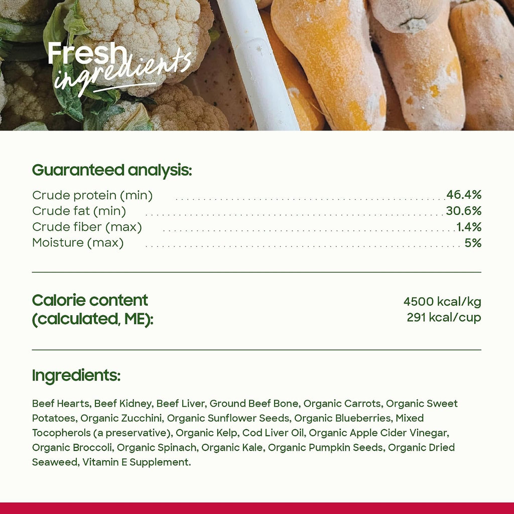Nutritional information on Smallbatch dog food back label