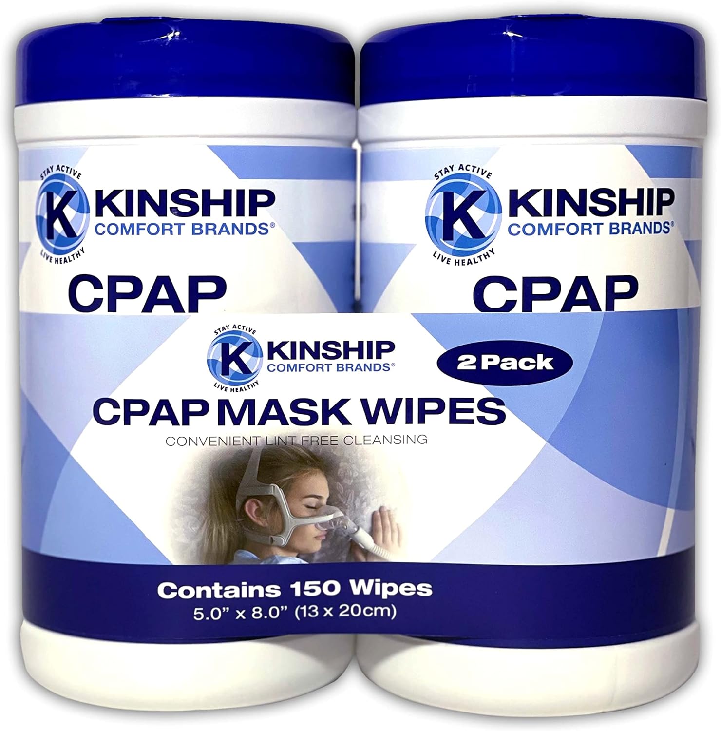 Kinship Comfort Brands CPAP mask cleaning wipes two canister set front view