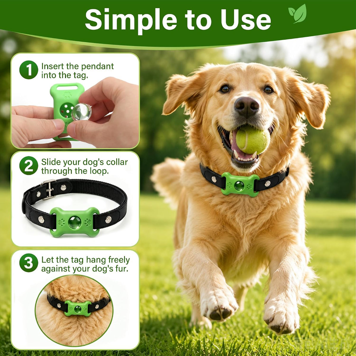 Close-up view of the adjustable pet collar charm showing the natural plant-based formulation compartment.