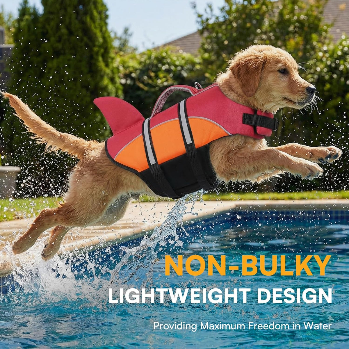 Queenmore puppy floating vest with standing shark fin orange color