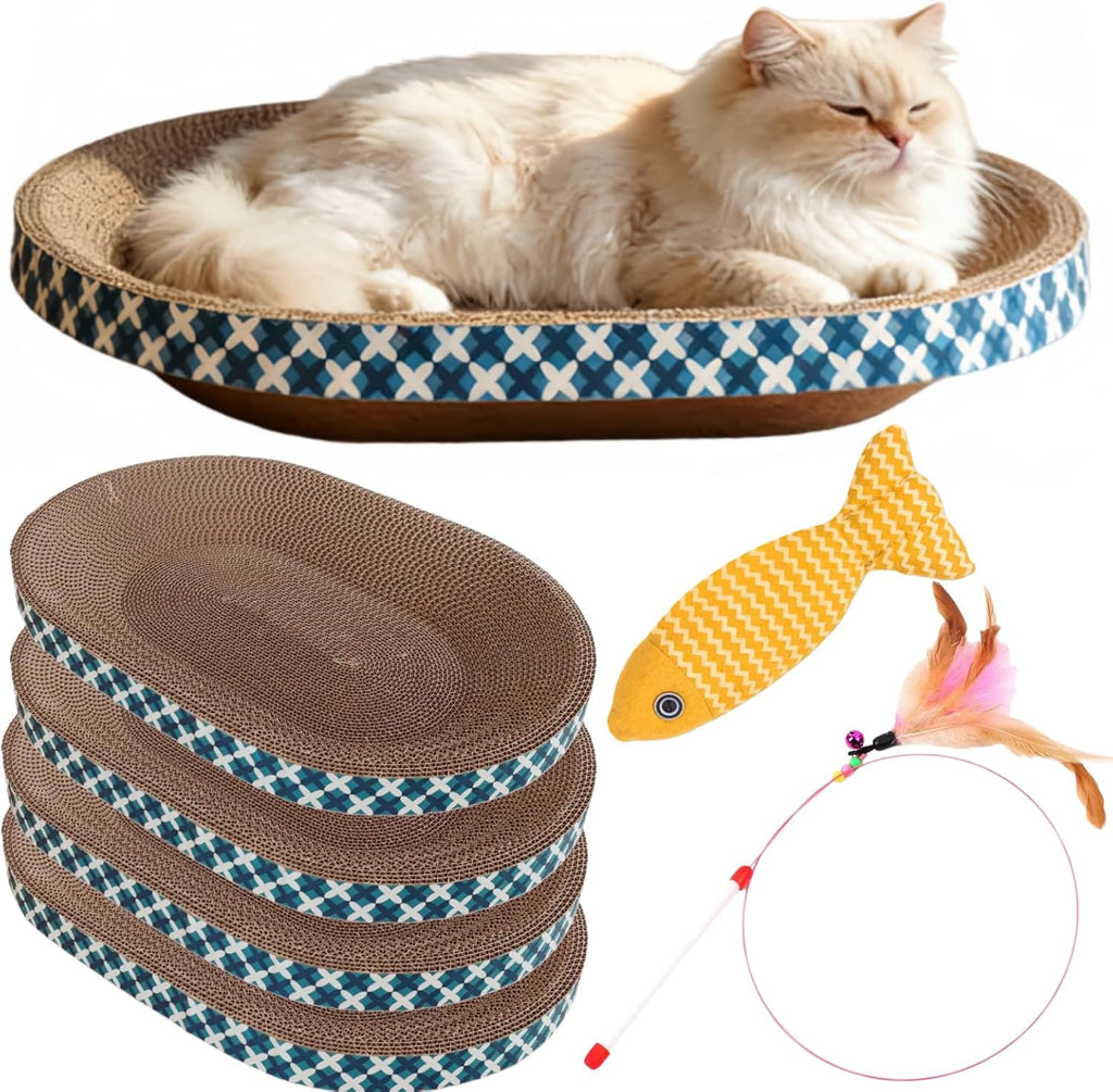 Spindro oval cardboard cat scratcher bed with toys front view