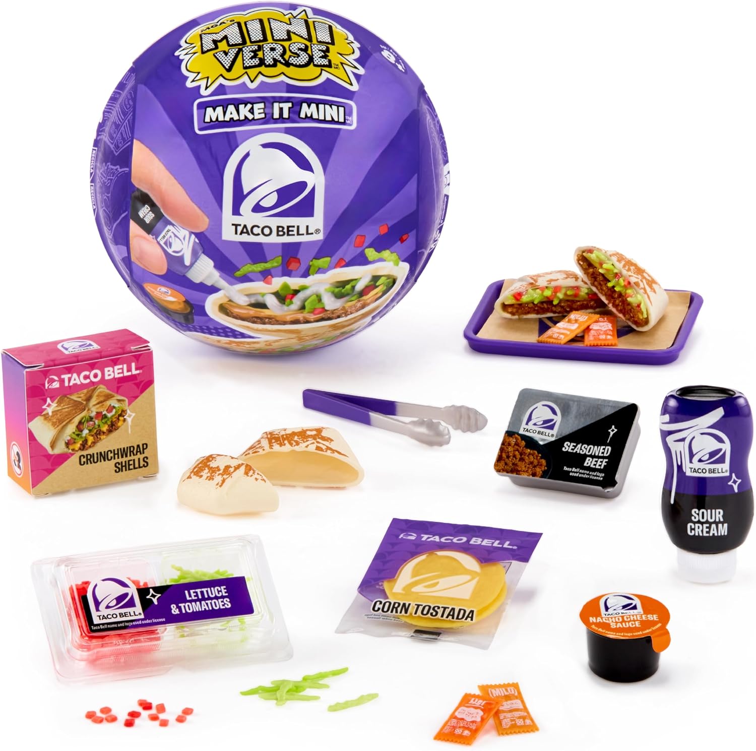 MGA's Miniverse Make It Mini Taco Bell Series 1 blind ball front view showing authentic product packaging.
