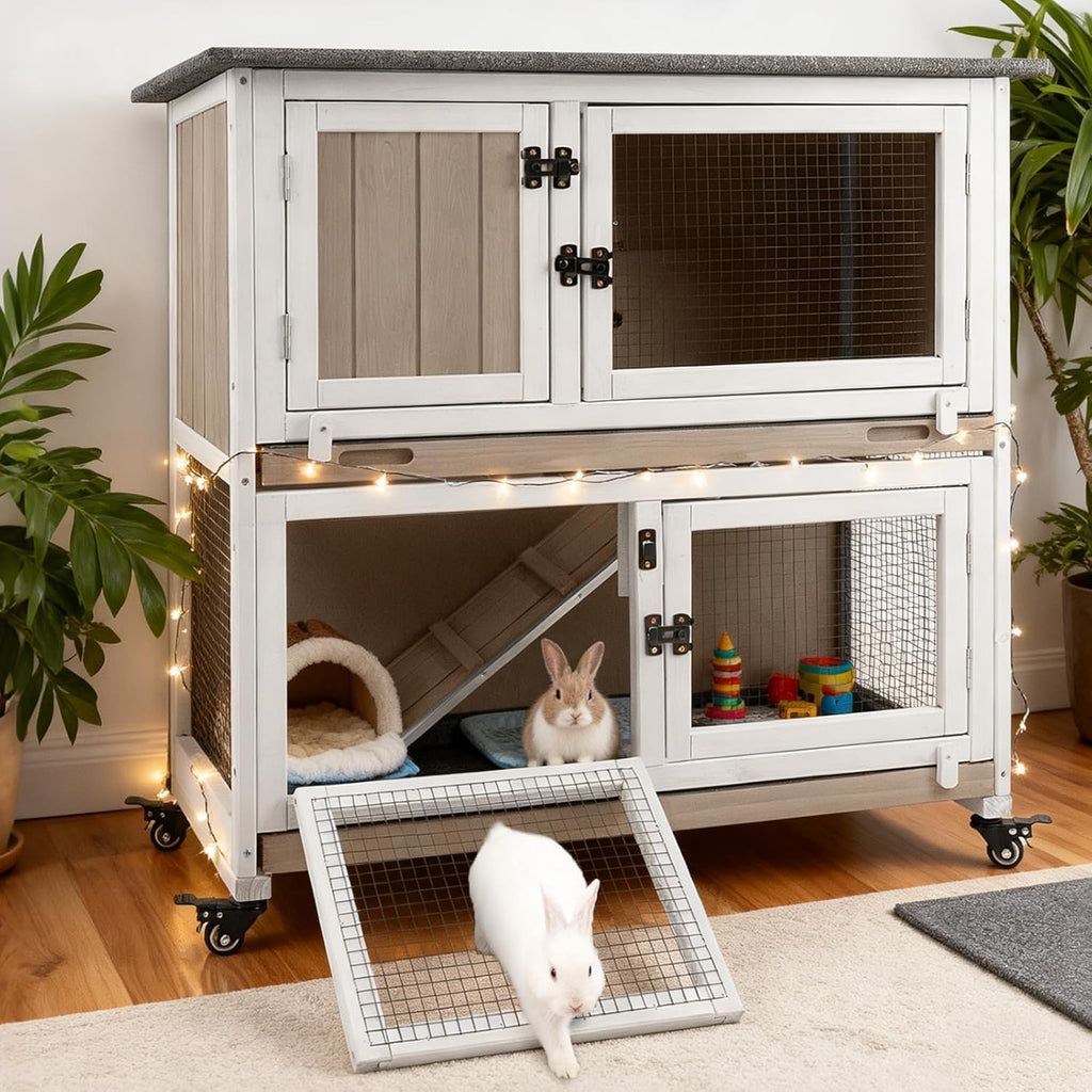 Gowoodhut 36" L Rabbit Hutch Indoor Wooden 2 Story Bunny Hutch Rabbit Cage Outdoor Bunny Cage on 4 Metal Wheels and 2 Deeper Pull Out Trays, Ramp, Guinea Pig Pet House for Small Animals, Grey - Image 1