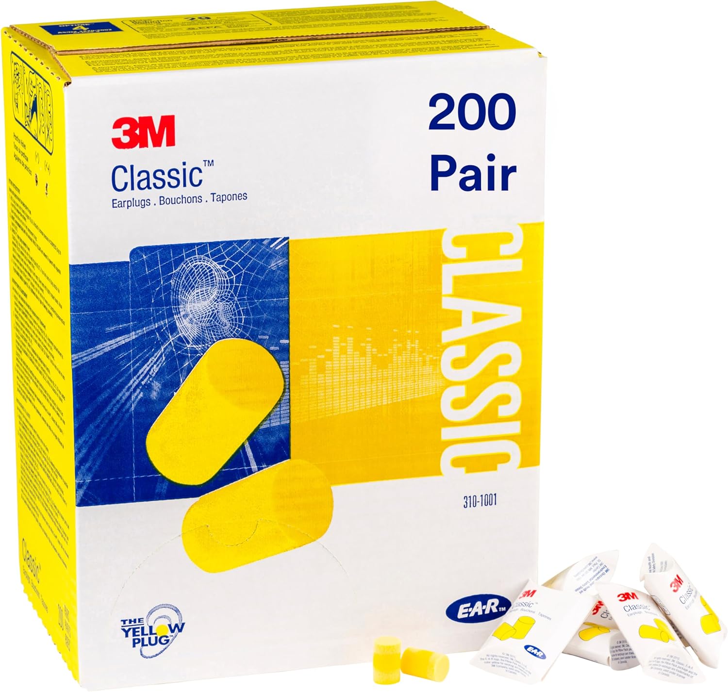 3M E-A-R Classic Foam Earplugs 200 Pair Box front view for hearing protection.