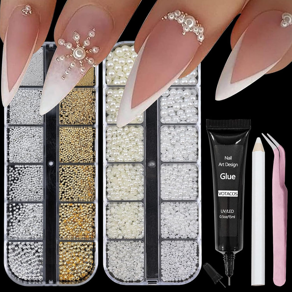 Votacos nail art pearls and rhinestones kit front view with boxes and glue gel