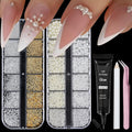Votacos nail art pearls and rhinestones kit front view with boxes and glue gel