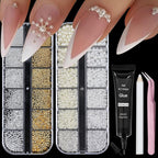 Votacos nail art pearls and rhinestones kit front view with boxes and glue gel