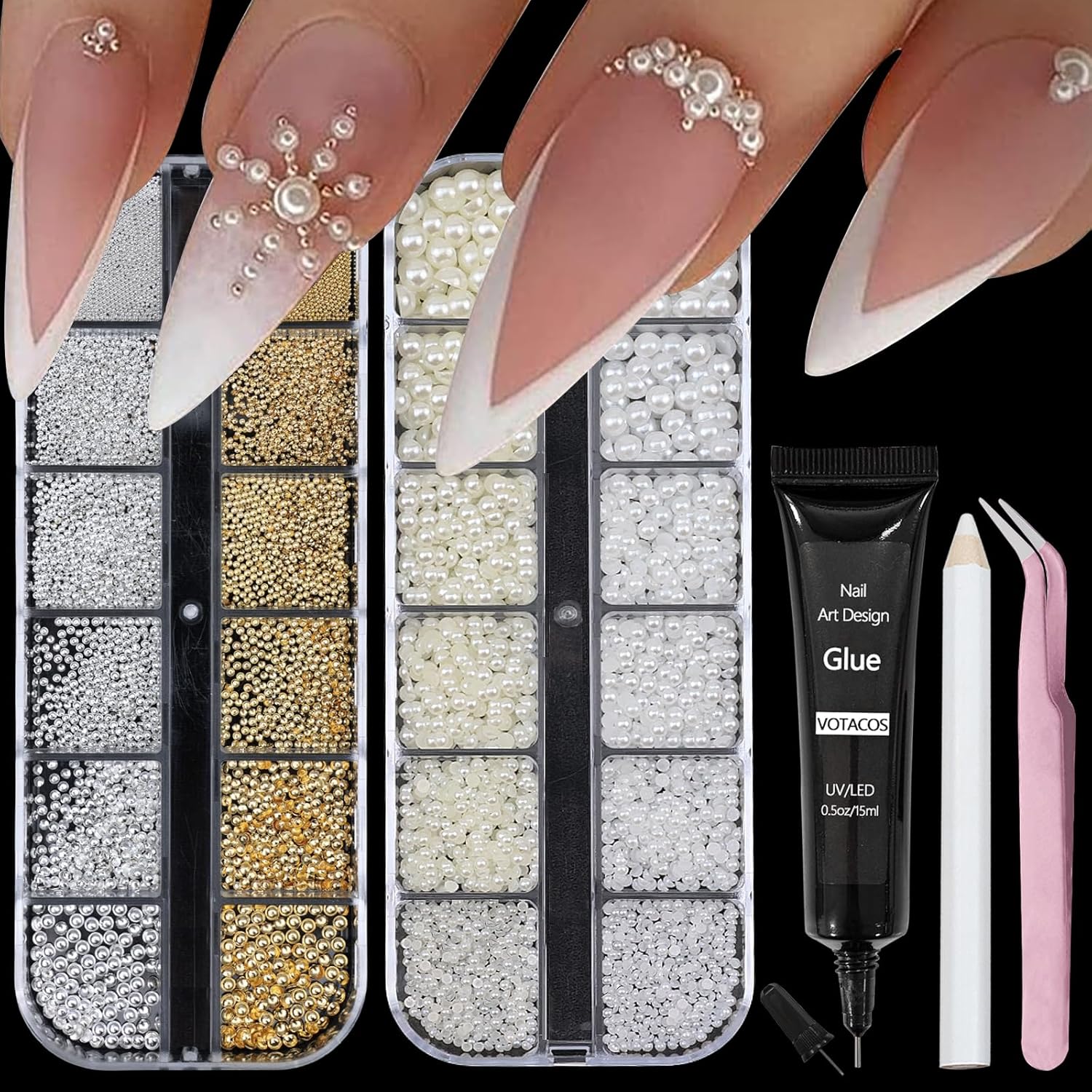 VOTACOS Nail Art Pearls with Nail Rhinestones Glue Gel Flatback Pearls Nail Charms Luxurious Nail Supplies Accessories Gold Silver Nail Gems Jewelry Pearls for Women Nail Design - Image 1