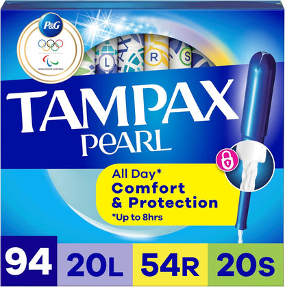 Tampax Pearl Tampons Multipack 94 count front packaging view.