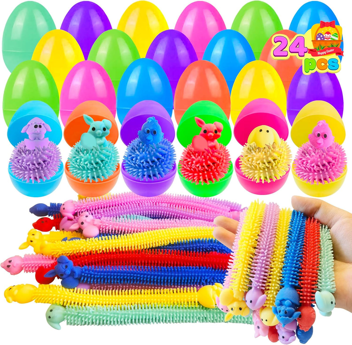 Cherislpy prefilled easter eggs front view featuring colorful plastic capsules and bunny stretchy string sensory toys