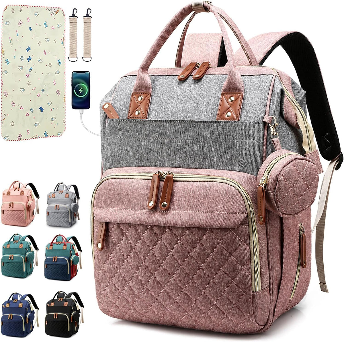 SHITIESHOU diaper bag backpack front view in pink and grey